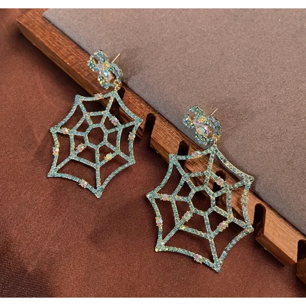 Blue Rhinestone Spider Web Stud Back Drop Earrings